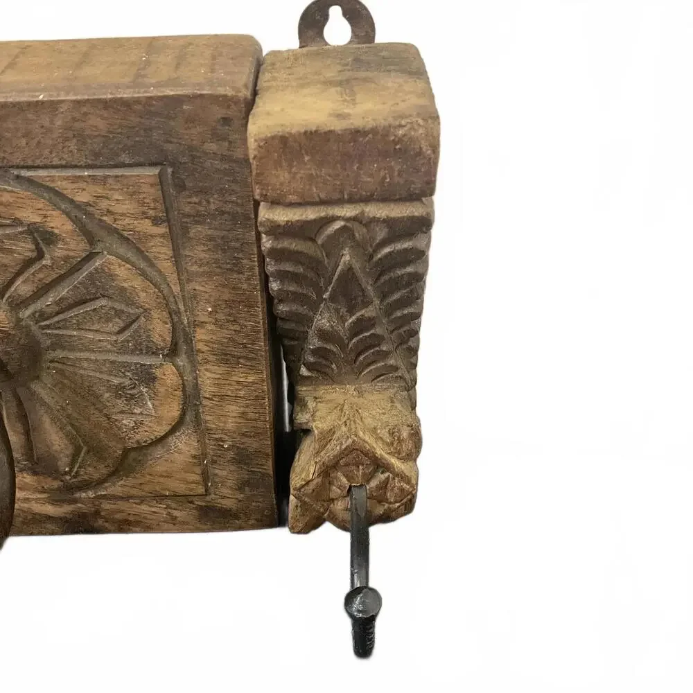 Wooden Hand Carved Dark Wood Floral Hanger Hook Wall Hanging Ancient Hook 3 PC